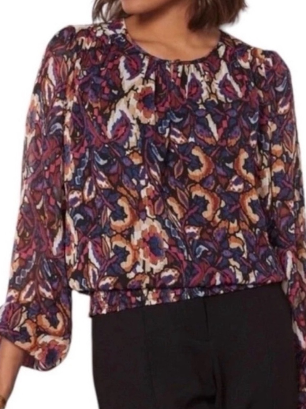 Evereve Stelle Floral Smocked Blouse Dark Multicolor Large Long Sleeve